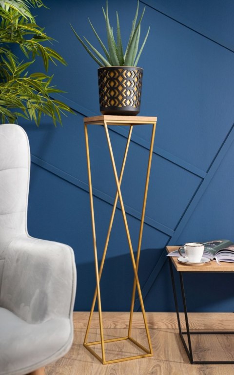 Kwietnik stojak 100 cm złoty LOFT metal Wykonany z metalu oraz płyty MDF w kolorze Dąb Lancelot, solidny i stylowy kwietnik w ko