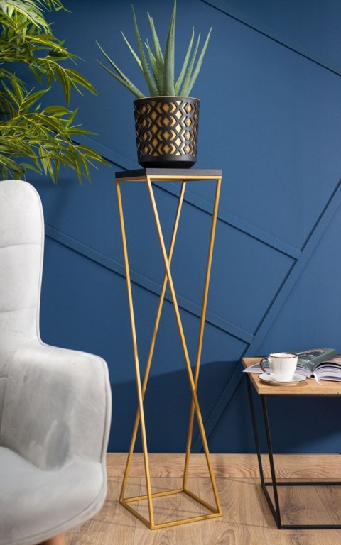 Kwietnik stojak 100 cm złoty metal LOFT Wykonany z metalu oraz płyty MDF w kolorze czarnym, solidny i stylowy kwietnik w kolorze