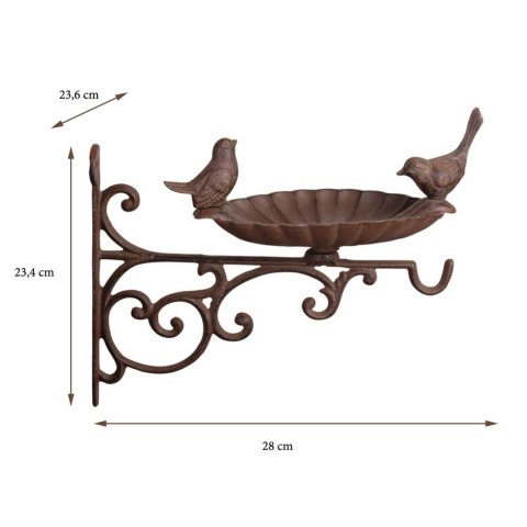 Poidełko dla ptaków z uchwytemOzdoba ścienna pełniąca jednocześnie funkcję haczyka do powieszenia donicy z kwiatami, karmnika dl