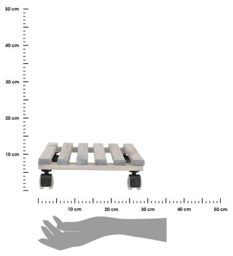 Wózek na donicę drewniany szary 29x29 cm Stojak w formie wózka do przemieszczania ciężkich donic z kwiatami do wagi 100 kg, wypo
