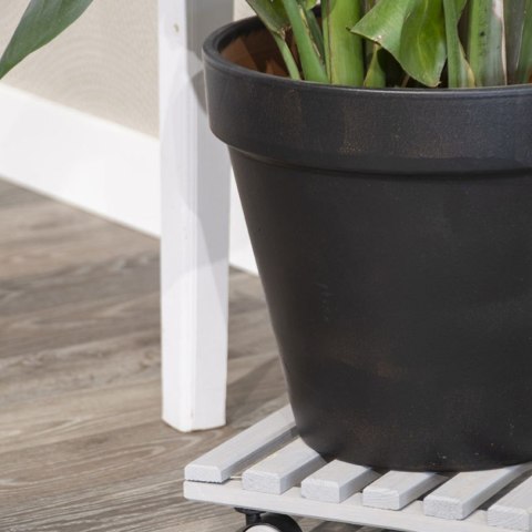 Wózek na donicę drewniany szary 29x29 cm Stojak w formie wózka do przemieszczania ciężkich donic z kwiatami do wagi 100 kg, wypo