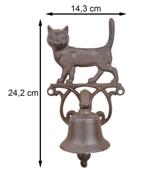 Żeliwny dzwonek do drzwi kotOzdobny dzwonek do drzwi z motywem kota, wykonany z żeliwa o wymiarach: 24,2x14,3 cm