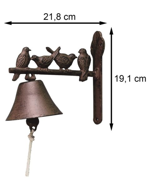Żeliwny dzwonek do drzwi z ptaszkami Ozdobny dzwonek do drzwi z motywem ptaszka, wykonany z żeliwa o wymiarach: 19x21,8x11 cm