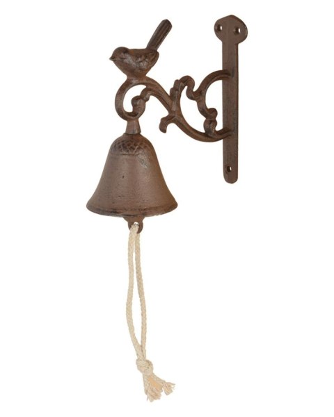 Żeliwny dzwonek do drzwi z ptaszkiem Ozdobny dzwonek do drzwi z motywem ptaszka, wykonany z żeliwa o wymiarach: 15,5x14,4 cm