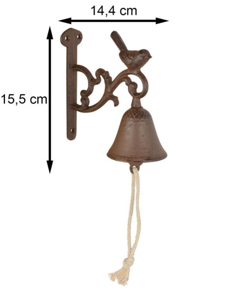 Żeliwny dzwonek do drzwi z ptaszkiem Ozdobny dzwonek do drzwi z motywem ptaszka, wykonany z żeliwa o wymiarach: 15,5x14,4 cm
