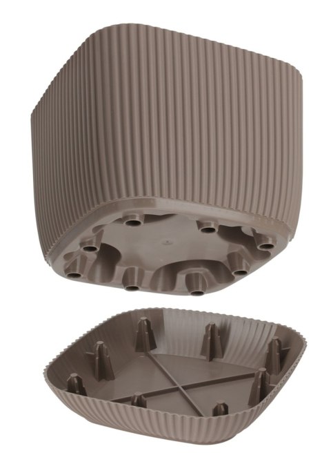 Donica kwadratowa z podstawką beż 17cm Prążkowana doniczka wykonana z solidnego tworzywa, doskonała zarówno do domu jak i ogrod