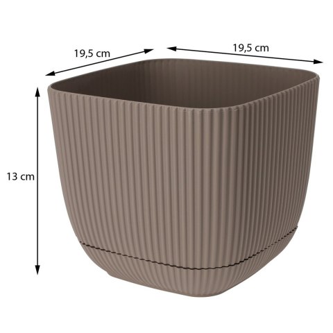 Donica kwadratowa z podstawką beż 17cm Prążkowana doniczka wykonana z solidnego tworzywa, doskonała zarówno do domu jak i ogrod