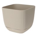 Donica kwadratowa z podstawką ecri 17cm Prążkowana doniczka wykonana z solidnego tworzywa, doskonała zarówno do domu jak i ogro
