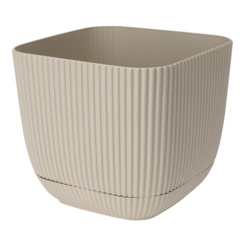 Donica kwadratowa z podstawką ecri 17cm Prążkowana doniczka wykonana z solidnego tworzywa, doskonała zarówno do domu jak i ogro
