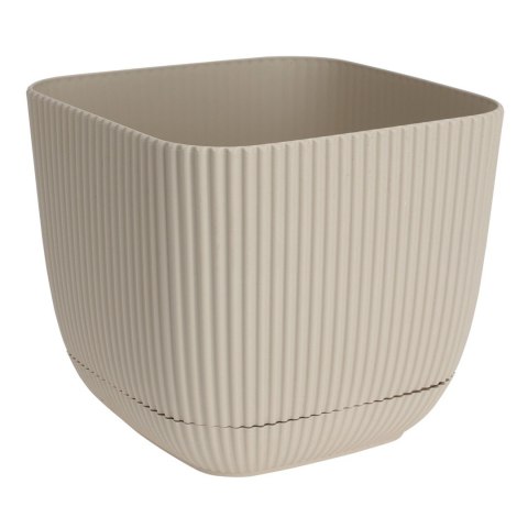 Donica kwadratowa z podstawką ecri 17cm Prążkowana doniczka wykonana z solidnego tworzywa, doskonała zarówno do domu jak i ogro