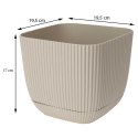 Donica kwadratowa z podstawką ecri 17cm Prążkowana doniczka wykonana z solidnego tworzywa, doskonała zarówno do domu jak i ogro