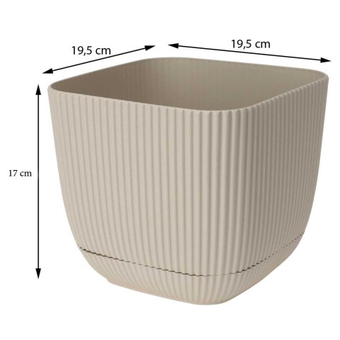 Donica kwadratowa z podstawką ecri 17cm Prążkowana doniczka wykonana z solidnego tworzywa, doskonała zarówno do domu jak i ogro