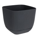 Donica kwadratowa z podstawką szara 17cm Prążkowana doniczka wykonana z solidnego tworzywa, doskonała zarówno do domu jak i ogr