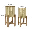 Doniczka na stojaku złota kpl 2 szt Zdobiony, wykonany z metalu, komplet donic, osłonek na drewnianym stojaku, wysokość całkowit