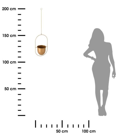 Doniczka wisząca na łańcuszku złota Efektowna okrągła doniczka wykonana z metalu, w złotej ramie zawieszonej na łańcuszku