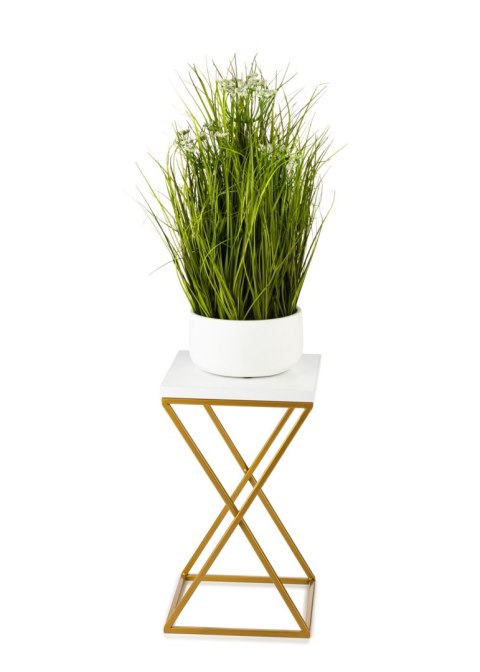 Kwietnik stojący 40 cm blat białym metal Wykonany z metalu oraz płyty MDF w kolorze białym i złotym stojakiem, solidny i stylowy
