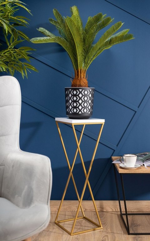 Kwietnik stojący 70 cm blat biały LOFT Wykonany z metalu oraz płyty MDF w kolorze białym i złotym stojakiem, solidny i stylowy k