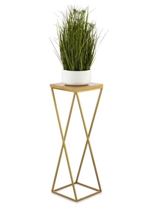 Kwietnik stojący złoty LOFT 70 cm metal Wykonany z metalu oraz płyty MDF w kolorze Dąb Lancelot, solidny i stylowy kwietnik w ko