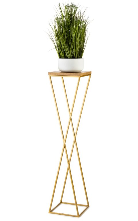 Kwietnik stojak 100 cm blat Dąb LancelotWykonany z metalu oraz płyty MDF w kolorze Dąb Lacelot i złotym stojakiem, solidny i sty