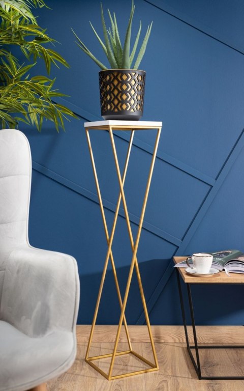 Kwietnik stojak 100 cm blat biały LOFT Wykonany z metalu oraz płyty MDF w kolorze białym i złotym stojakiem, solidny i stylowy k