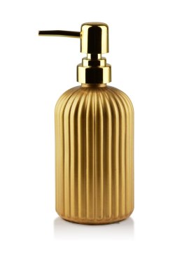 Dozownik na mydło Ari Gold 400 ml Złoty matowy pojemnik wykonany ze szkła, w paski, pompka z tworzywa sztucznego