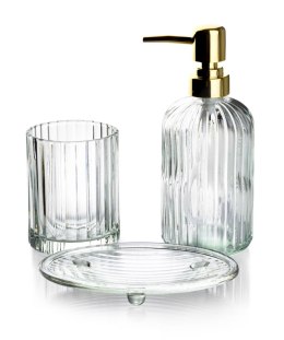 Komplet łazienkowy 3-elementowy Ari Gold W skład kompletu wchodzą dozownik na mydło w płynie lub balsam, mydelniczka (podstawka)
