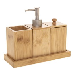 Komplet akcesoriów łazienkowych Terre Wykonany z drewna bambusowego, w skład wchodzi: dozownik na mydło, kubek na szczoteczki i 