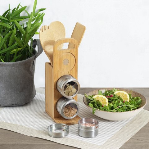 Organizer kuchenny z akcesoriami Przybornik z akcesoriami kuchennymi i 3 słoikami na przyprawy, na drewnianej podstawce, praktyc