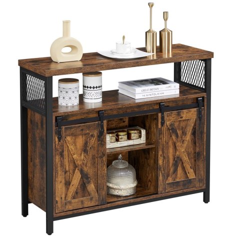 Kredens industrialny przesuwne drzwiKredens z przesuwnymi drzwiami i regulowanymi półkami w stylu industrialnym, loftowym, brązo