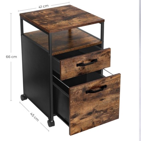Kontener na dokumenty MDF 2 szuflady Kontenerek mobilny na 4 kółkach, wykonany z solidnej płyty MDF w kolorze rustykalnego brązu