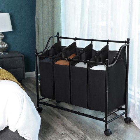 Kosz do segregacji prania mobilny 4x35 l Czarny kosz z 4 przegrodami do segregacji prania, mobilny na 4 kółkach, zdejmowane mate