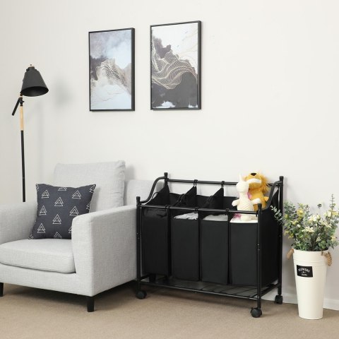 Kosz do segregacji prania mobilny 4x35 l Czarny kosz z 4 przegrodami do segregacji prania, mobilny na 4 kółkach, zdejmowane mate