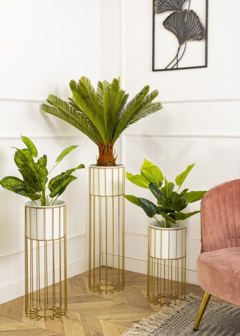 Kwietnik nowoczesny 42 złoto biały LOFT Wykonany z metalu, stojak na rośliny w ciekawym design , złoty stelaż i biała osłonka w 