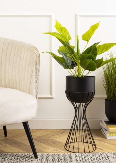 Kwietnik stojący z osłonką 46 cm LOFT Wykonany z metalu, stojak na rośliny w ciekawym design, czarny stelaż i czarna osłonka w s