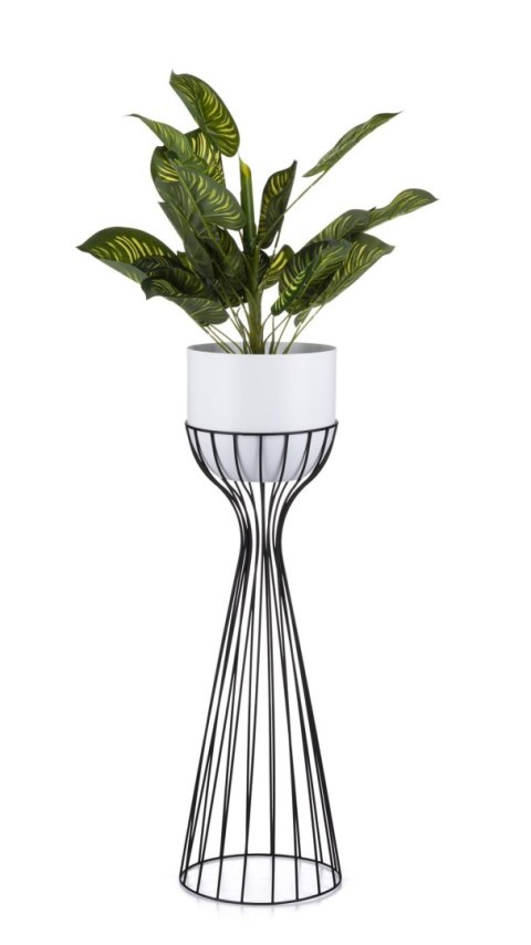 Nowoczesny kwietnik czarno biały 68 cm Wykonany z metalu, stojak na rośliny w ciekawym design, czarny stelaż i biała osłonka w s