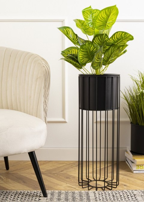 Nowoczesny kwietnik z osłonką 55 cm LOFT Wykonany z metalu, stojak na rośliny w ciekawym design , czarny stelaż i czarna osłonka