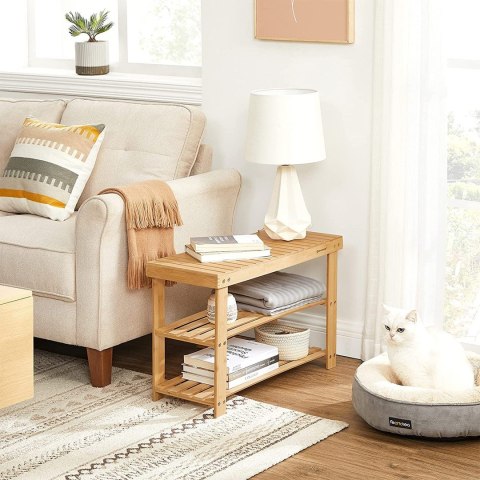 Regał na buty 3 poziomy bambusowy Szafka na buty z trzema poziomami, bambusowa w naturalnym kolorze, solidna i wytrzymała.