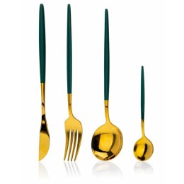 Komplet sztućców Lijo Green 16 elem. Wykonany ze stali nierdzewnej w kolorze złotym. Komplet zawiera: 4x nóż, 4x widelec, 4x łyż