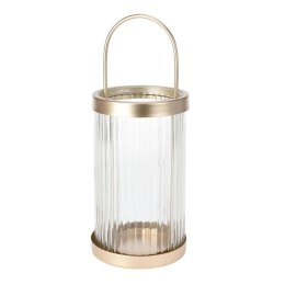 Szklany lampion ze złotą rączką 30 cm Dekoracyjna latarnia do domu, na balkon lub taras, wykonana ze szkła i metalu ze złotym mo