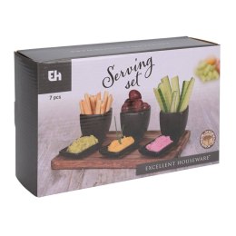 Zestaw do serwowania przekąsek 7 el. Komplet do serwowania przystawek składający się z 3 miseczek, 3 talerzyków oraz drewnianej 