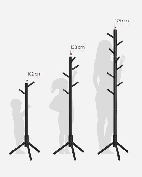 Wieszak stojak na ubrania czarny 175 cm Stabilny wieszak wykonany z litego drewna z 8 haczykami na kurtki, torebki, kapelusze w 
