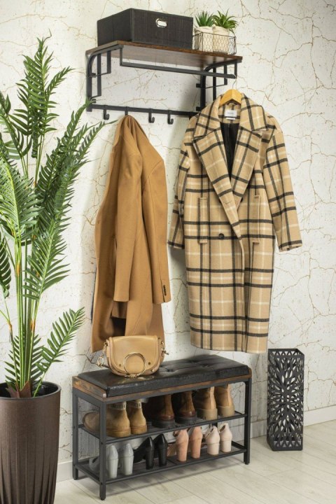 Półka ścienna wieszak na ubrania LOFT Wisząca półka ścienna z 5 haczykami na ubrania wykonana z płyty wiórowej i stalowymi szyna