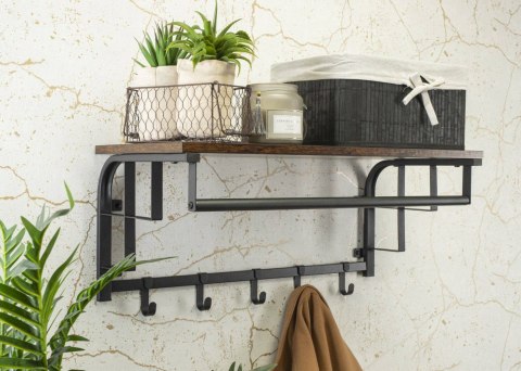 Półka ścienna wieszak na ubrania LOFT Wisząca półka ścienna z 5 haczykami na ubrania wykonana z płyty wiórowej i stalowymi szyna