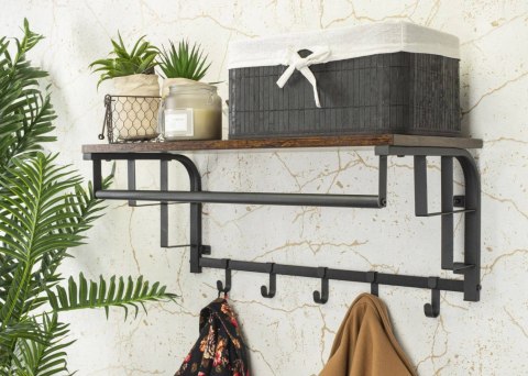 Półka ścienna wieszak na ubrania LOFT Wisząca półka ścienna z 5 haczykami na ubrania wykonana z płyty wiórowej i stalowymi szyna