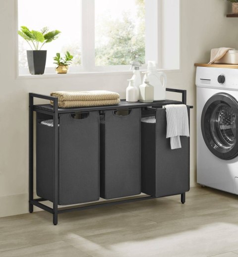 Kosz na pranie 3 komory x38L ciemnoszary Pojemny kosz do segregacji prania z dodatkowym blatem na górze, który może posłużyć jak