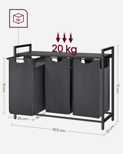 Kosz na pranie 3 komory x38L ciemnoszary Pojemny kosz do segregacji prania z dodatkowym blatem na górze, który może posłużyć jak