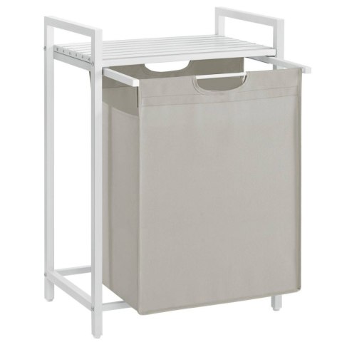Biały kosz na pranie jednokomorowy Funkcjonalny kosz z komorą 65L wykonany ze stali z praktyczną półką w kolorze białym oraz wys