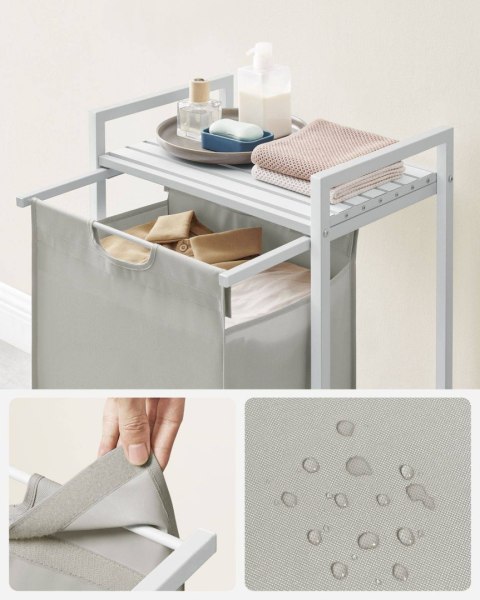 Biały kosz na pranie jednokomorowy Funkcjonalny kosz z komorą 65L wykonany ze stali z praktyczną półką w kolorze białym oraz wys