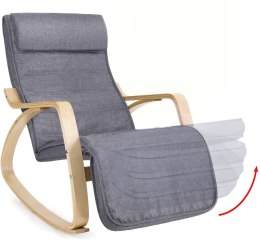 Fotel bujany z regulacją odcień szarości Fotel bujany wykonany z drewna brzozowego oraz funkcją regulowanego podnóżka z pięknym 