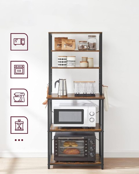 Regał kuchenny 6 poziomów rustykalny Wysoki stabilny regał z 3 dolnymi dużymi półkami i 3 węższymi u góry oraz dodatkowymi 6 hac